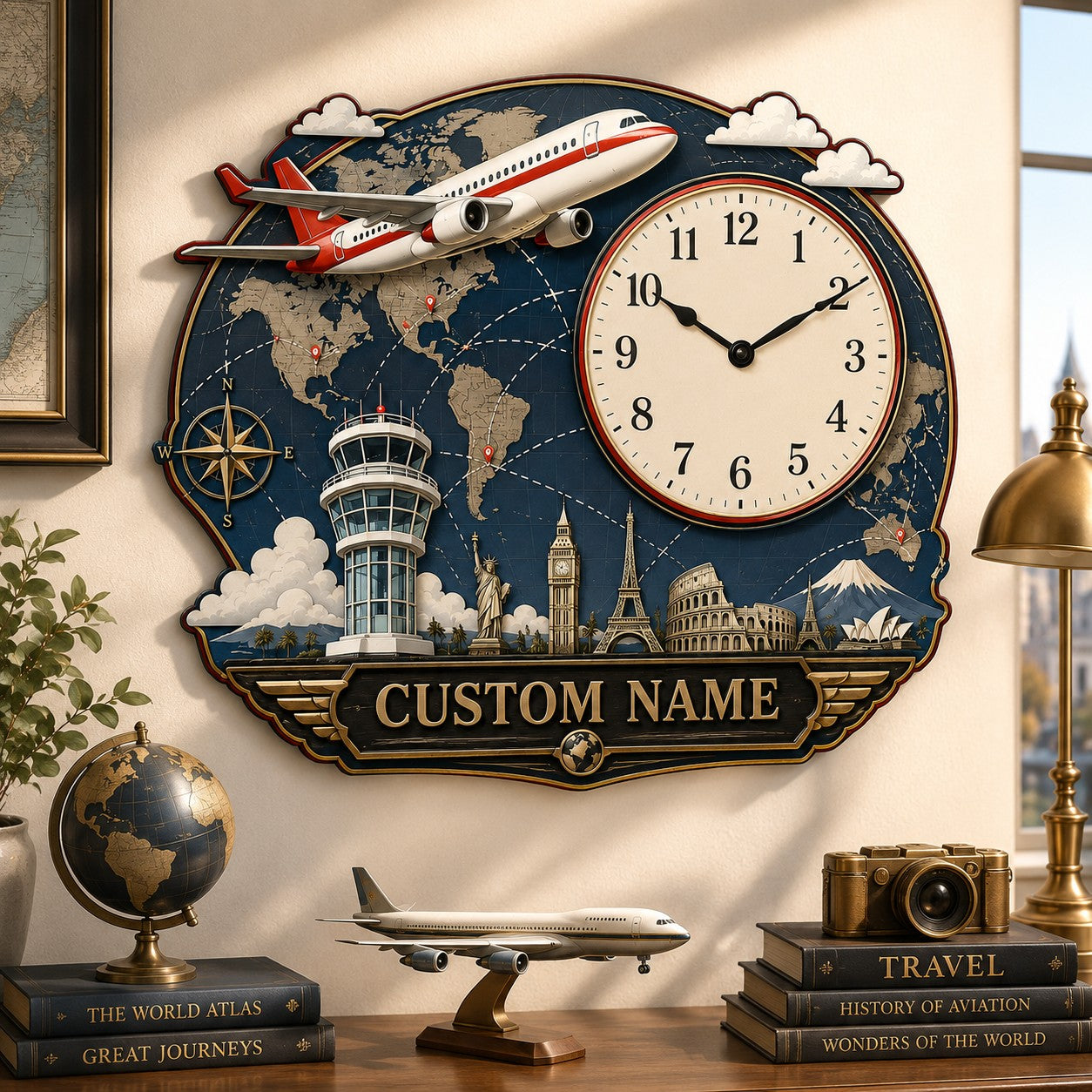 Personalized Airplane World Map Wall Clock with Custom Name — personalized with a custom name