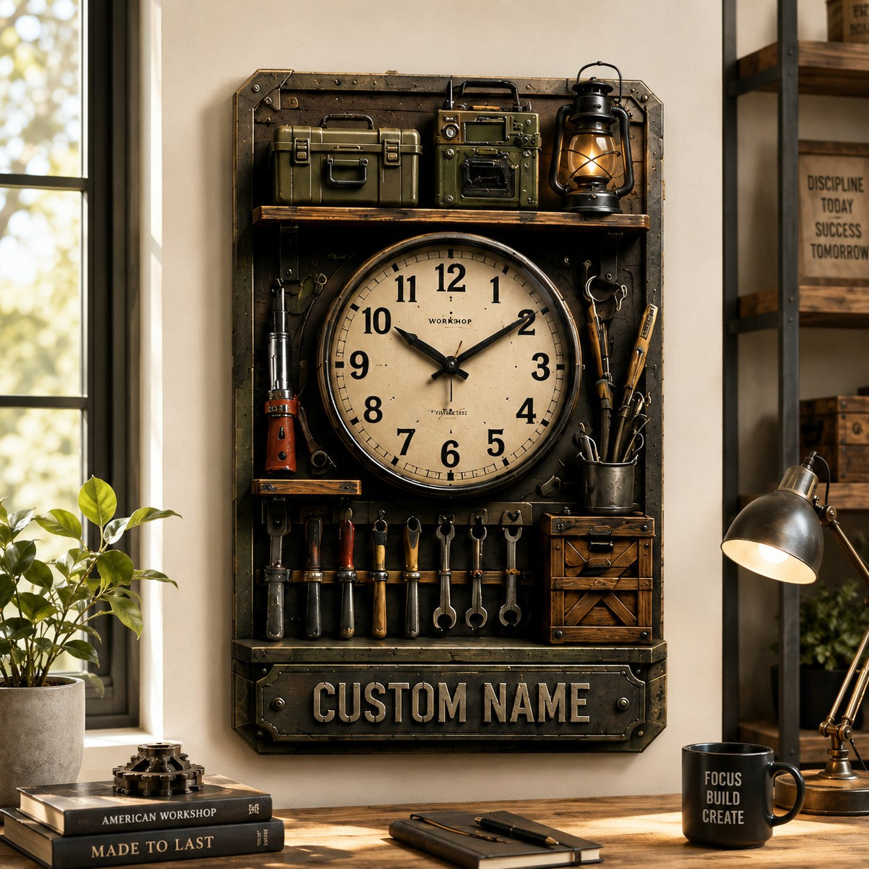 Personalized Workshop Shelf Wall Clock with Custom Name — personalized with a custom name