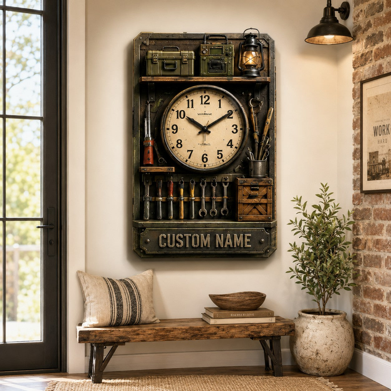 Personalized Workshop Shelf Wall Clock with Custom Name — personalized with a custom name