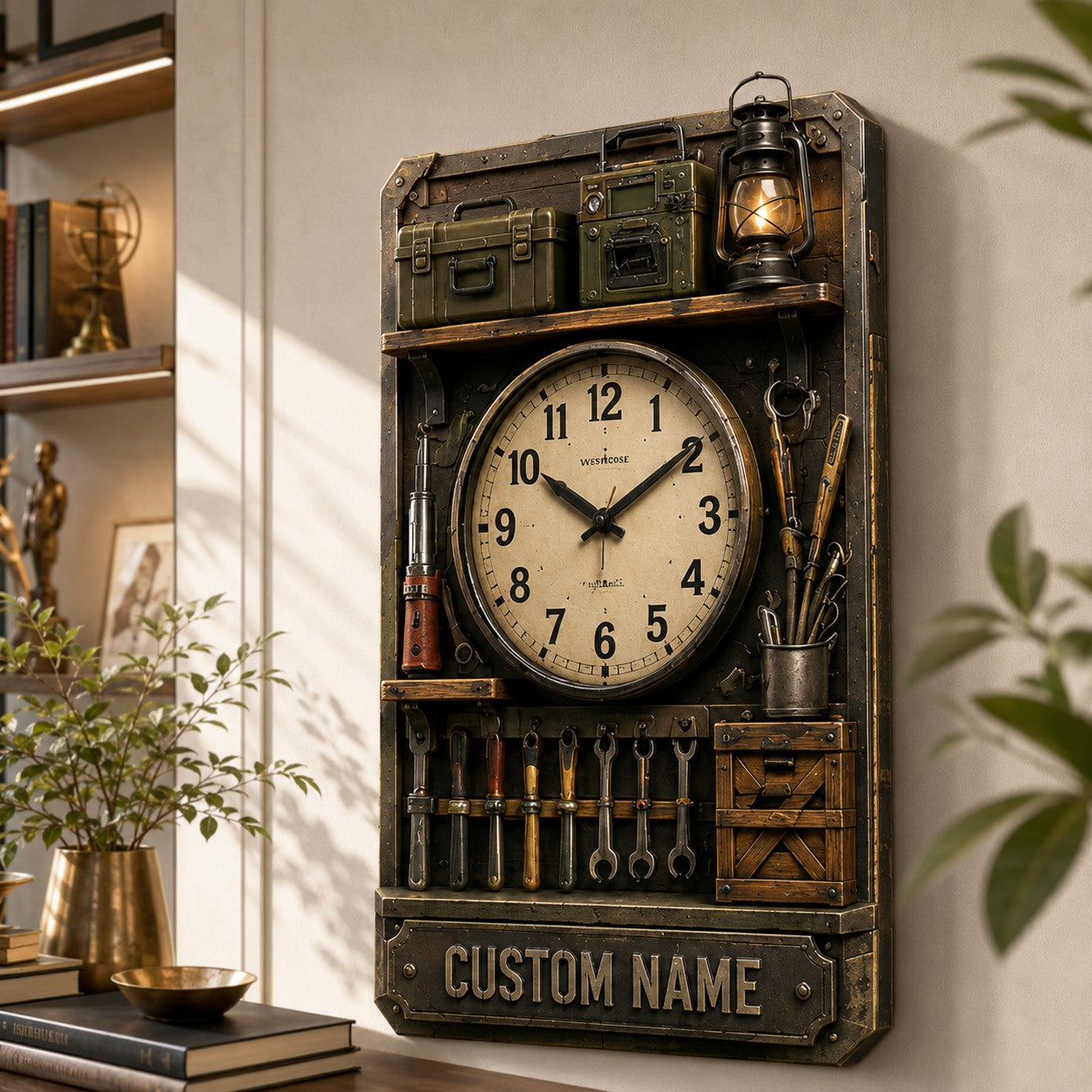 Personalized Workshop Shelf Wall Clock with Custom Name — personalized with a custom name