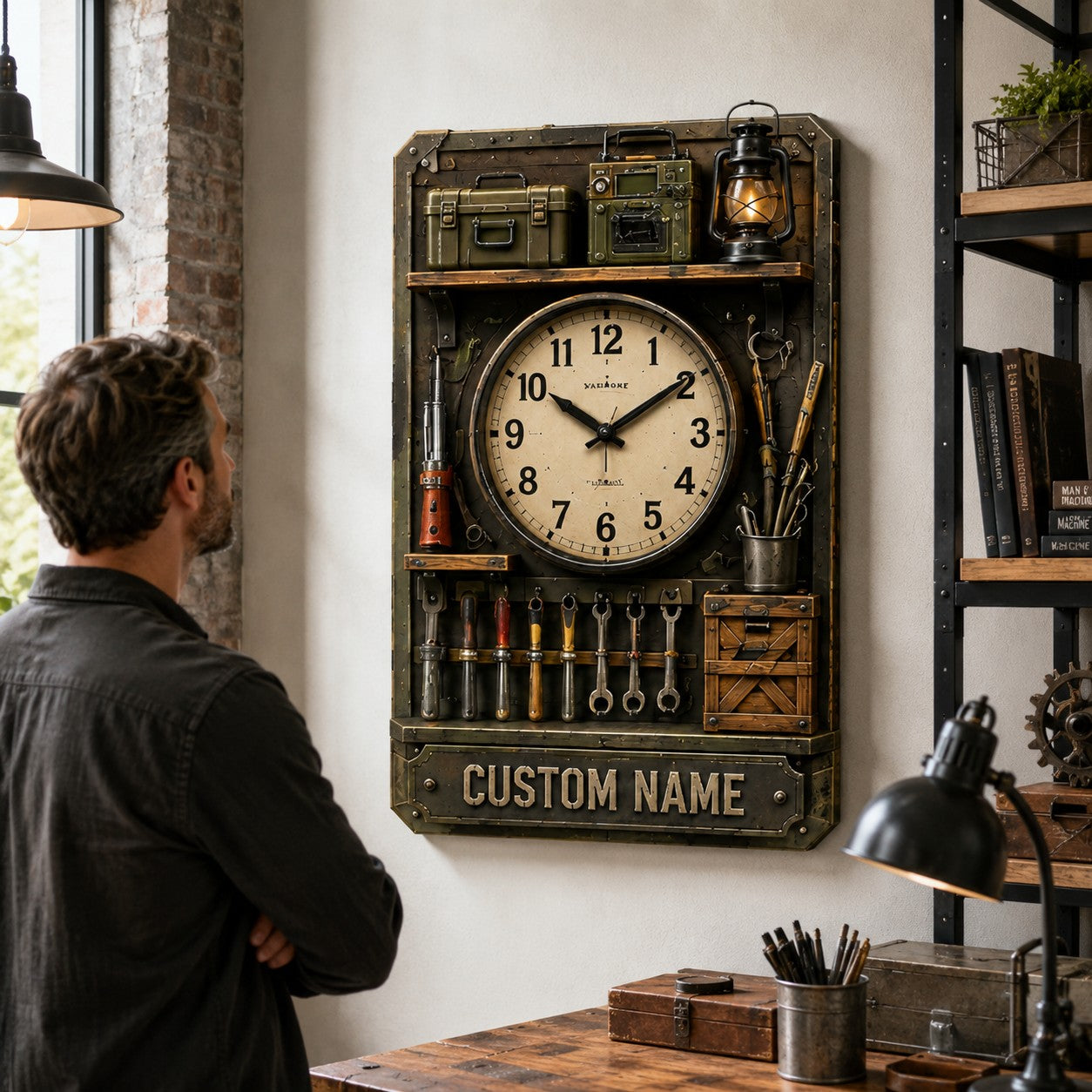 Personalized Workshop Shelf Wall Clock with Custom Name — personalized with a custom name