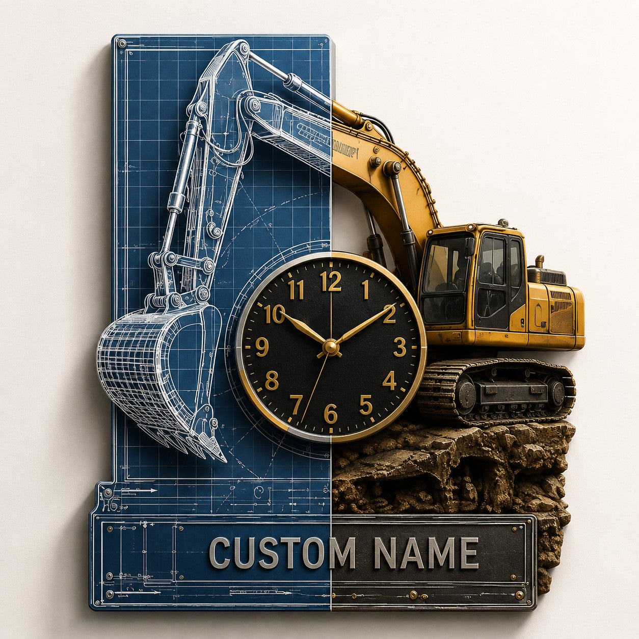 Personalized Blueprint Excavator Wall Clock with Custom Name — personalized with a custom name