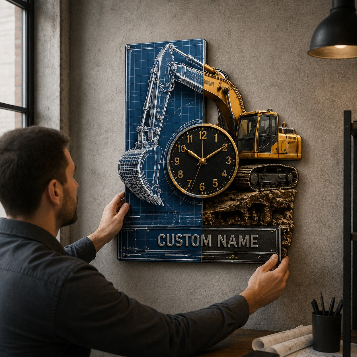 Personalized Blueprint Excavator Wall Clock with Custom Name — personalized with a custom name