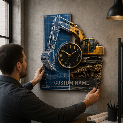 Personalized Blueprint Excavator Wall Clock with Custom Name — personalized with a custom name