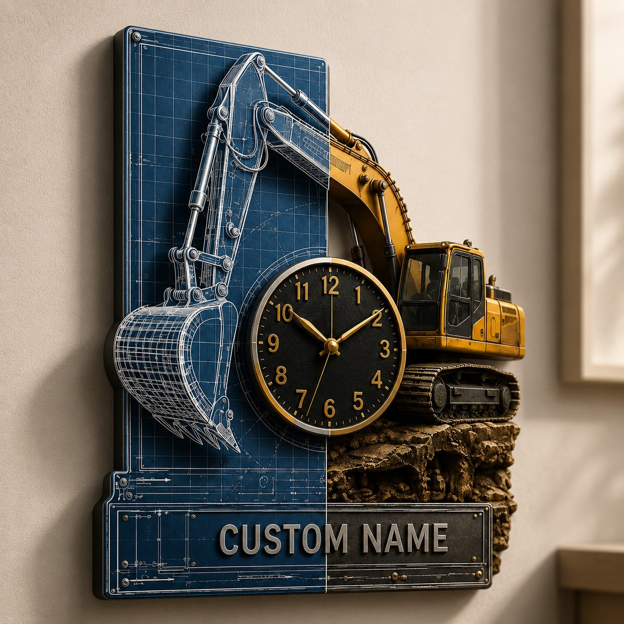 Personalized Blueprint Excavator Wall Clock with Custom Name — personalized with a custom name