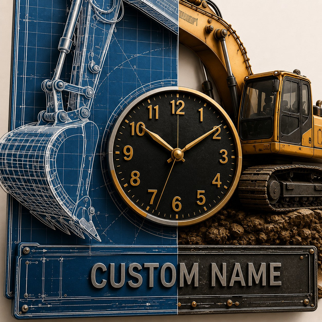 Personalized Blueprint Excavator Wall Clock with Custom Name — personalized with a custom name