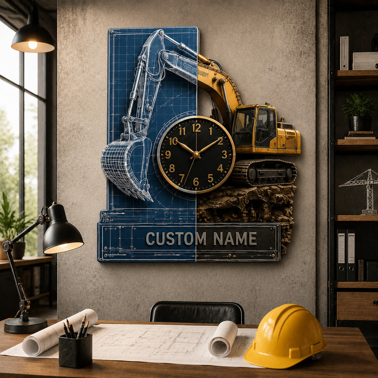 Personalized Blueprint Excavator Wall Clock with Custom Name — personalized with a custom name