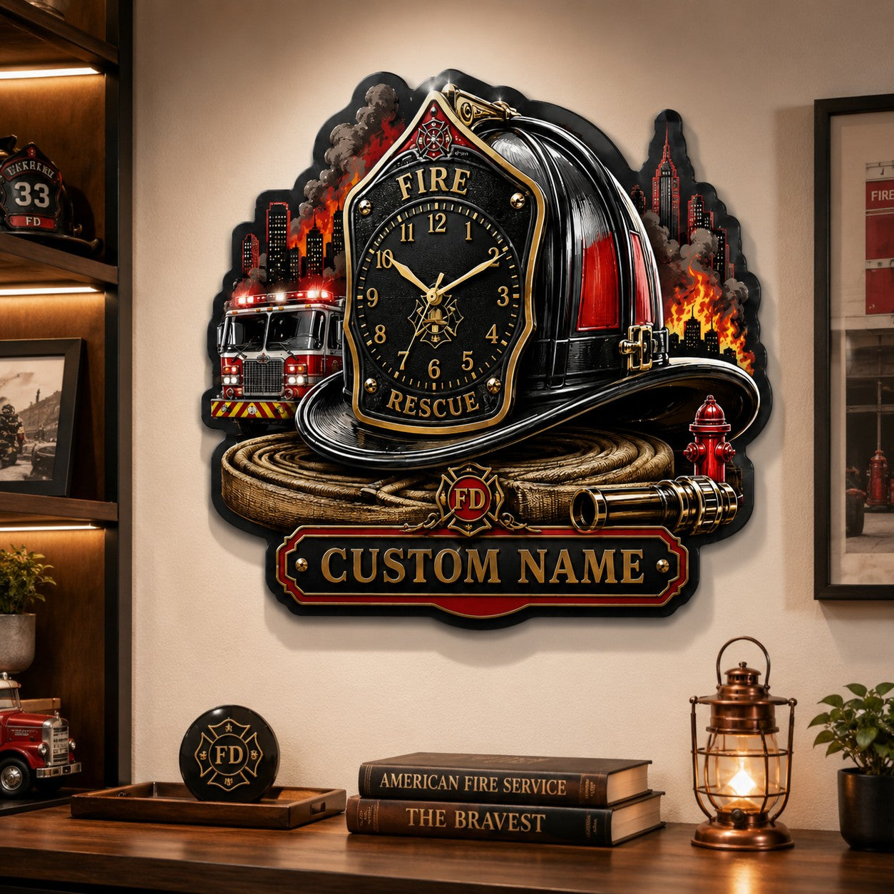 Personalized Firefighter Helmet Wall Clock with Custom Name — personalized with a custom name