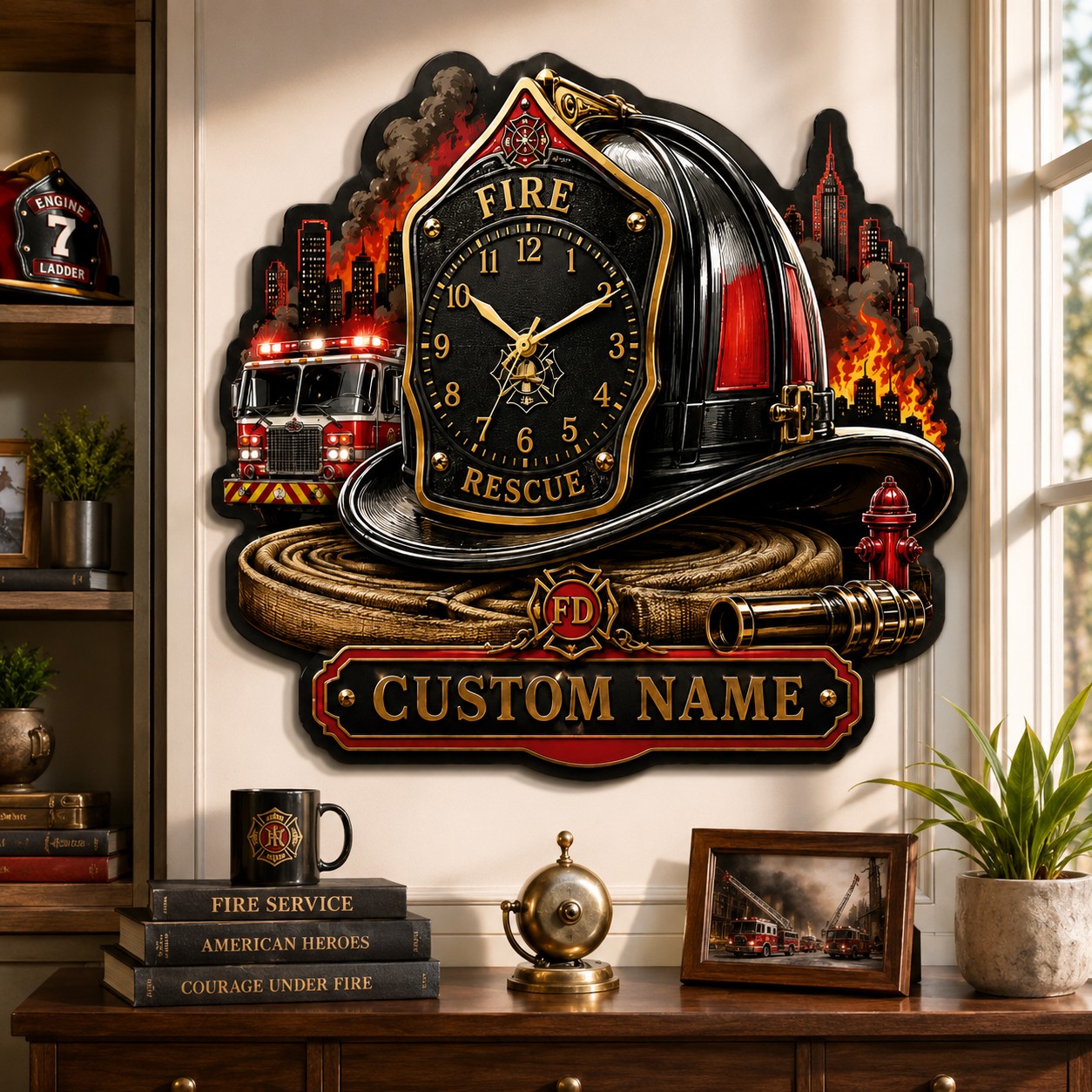 Personalized Firefighter Helmet Wall Clock with Custom Name — personalized with a custom name