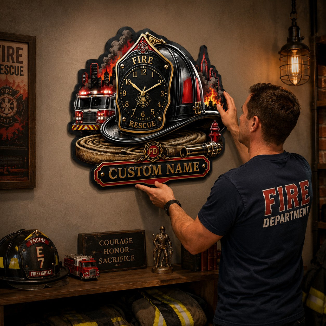 Personalized Firefighter Helmet Wall Clock with Custom Name — personalized with a custom name
