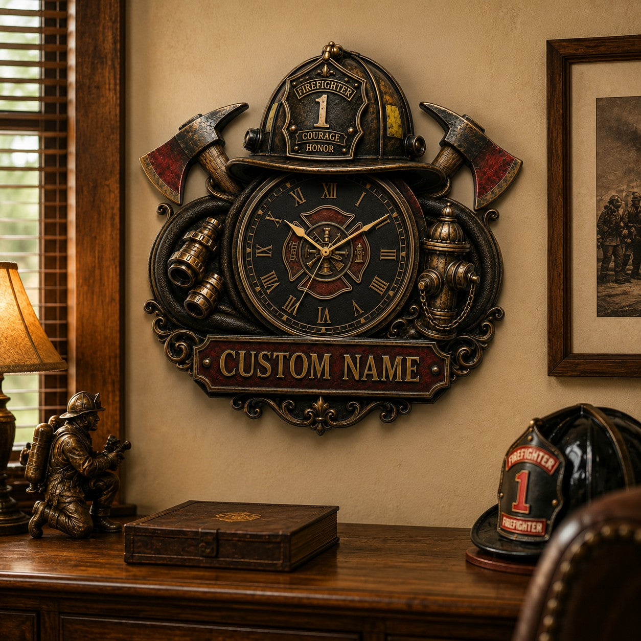 Personalized Fireman Wall Clock with Custom Name — personalized with a custom name