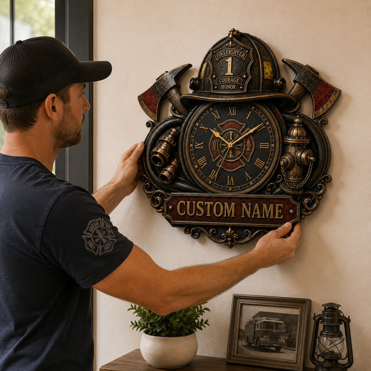 Personalized Fireman Wall Clock with Custom Name — personalized with a custom name