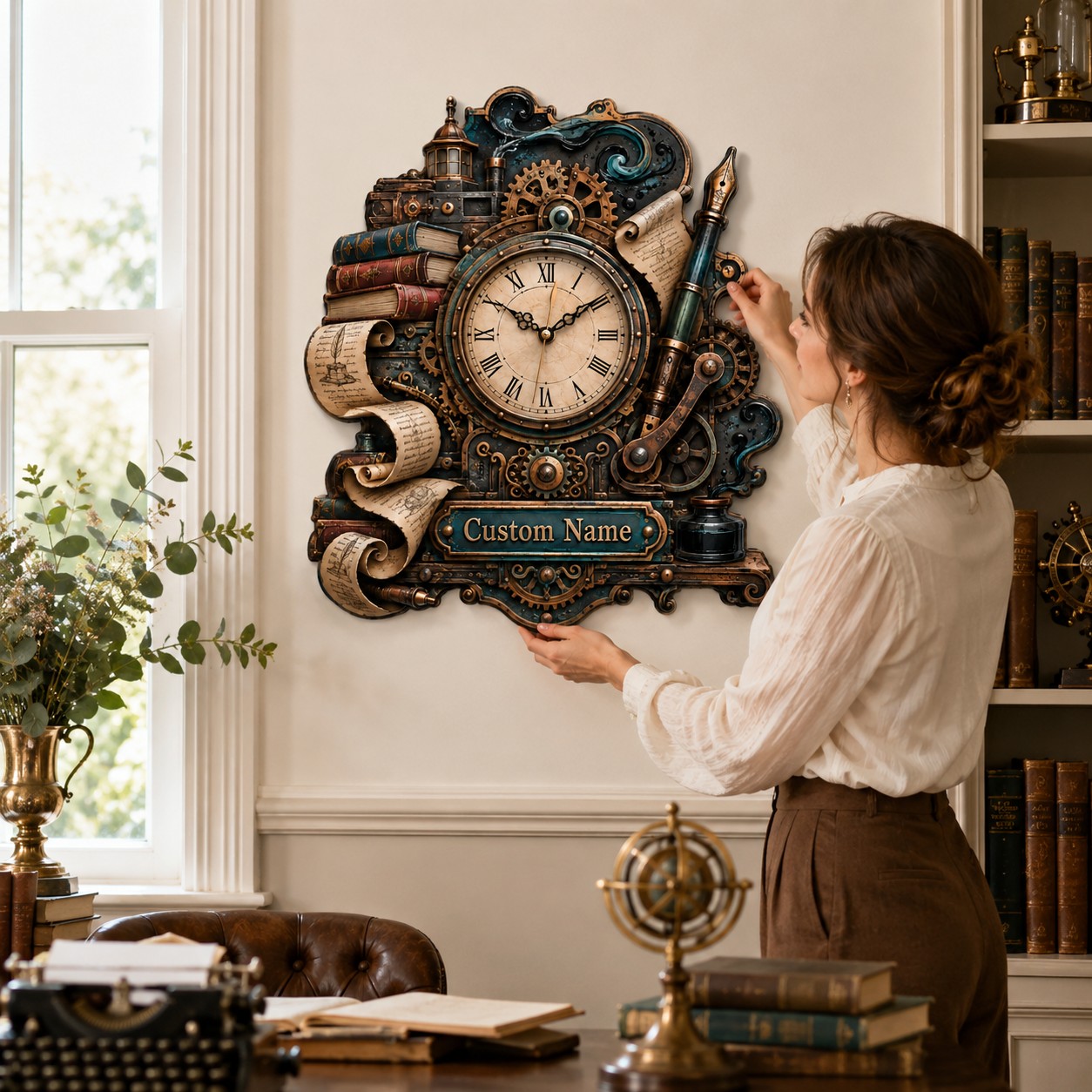 Personalized Steampunk Writer Wall Clock with Custom Name — personalized with a custom name