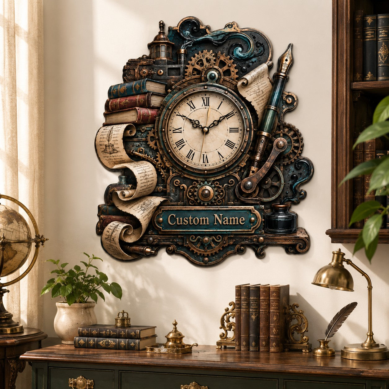 Personalized Steampunk Writer Wall Clock with Custom Name — personalized with a custom name