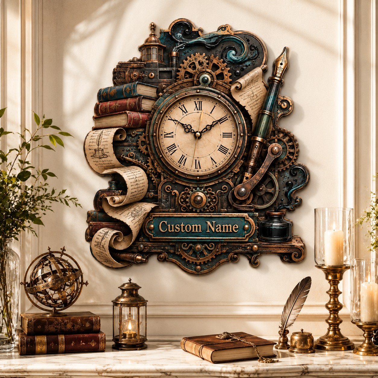 Personalized Steampunk Writer Wall Clock with Custom Name — personalized with a custom name