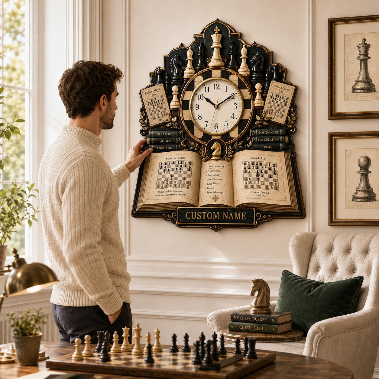 Personalized Chess Book Lovers Wall Clock with Custom Name — personalized with a custom name
