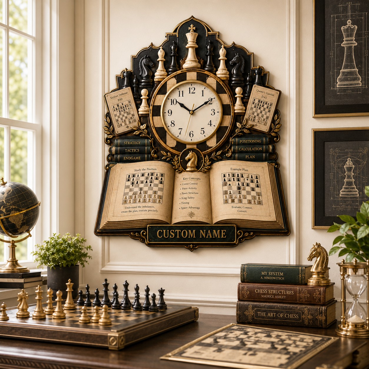 Personalized Chess Book Lovers Wall Clock with Custom Name — personalized with a custom name