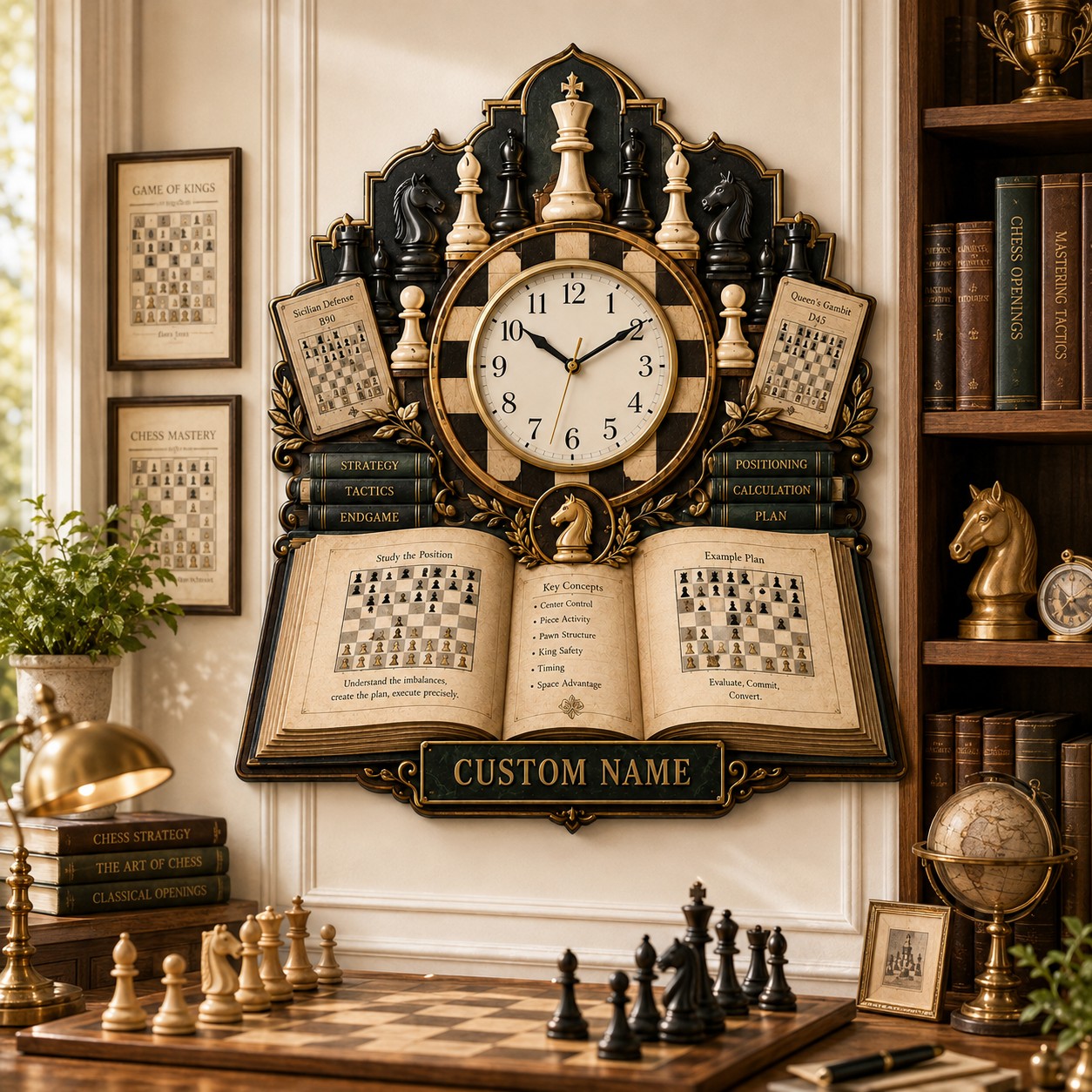 Personalized Chess Book Lovers Wall Clock with Custom Name — personalized with a custom name
