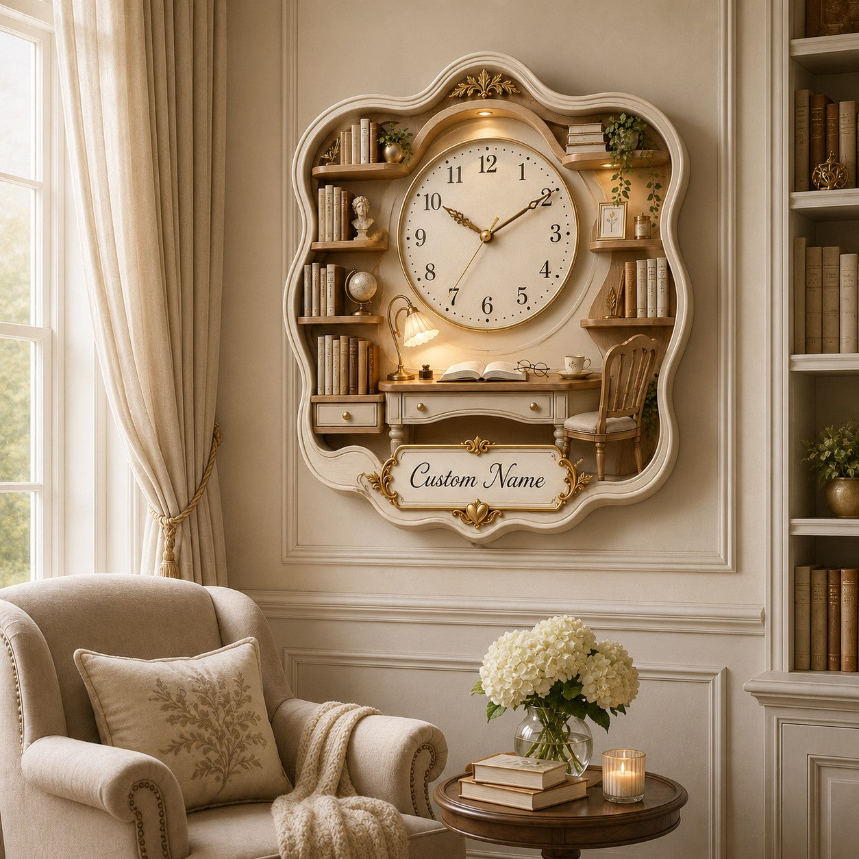Personalized Book Lovers Wall Clock, Custom Name Gift for Book Lovers — personalized with a custom name