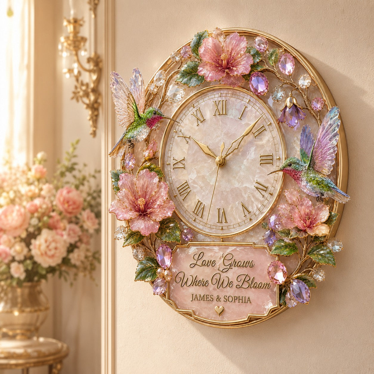 Personalized Hummingbird Wall Clock with Custom Name — personalized with a custom name
