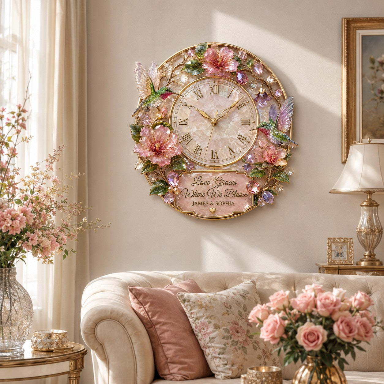 Personalized Hummingbird Wall Clock with Custom Name — personalized with a custom name