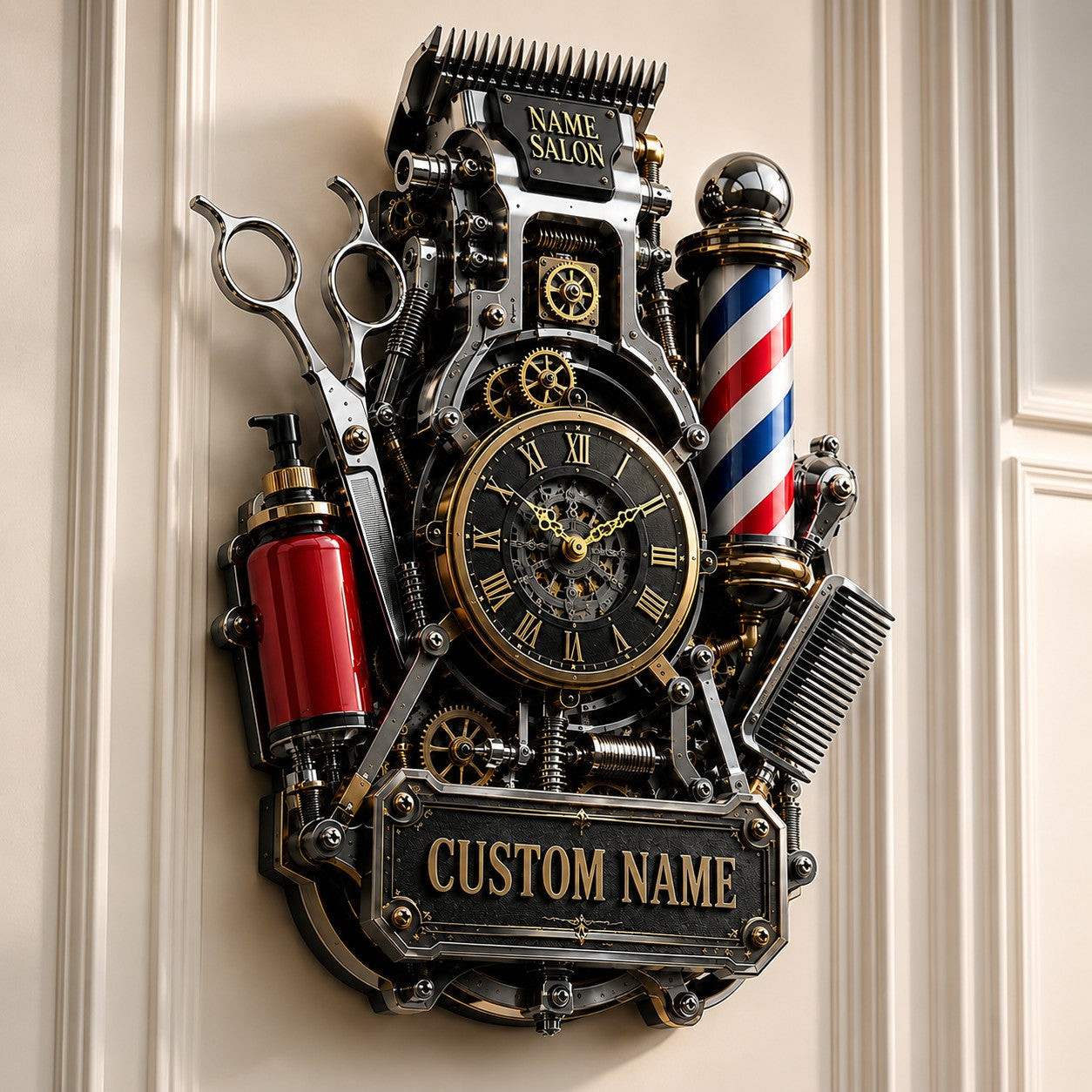 Personalized Barber Studios Wall Clock, Custom Name Gift for Barbers — personalized with a custom name