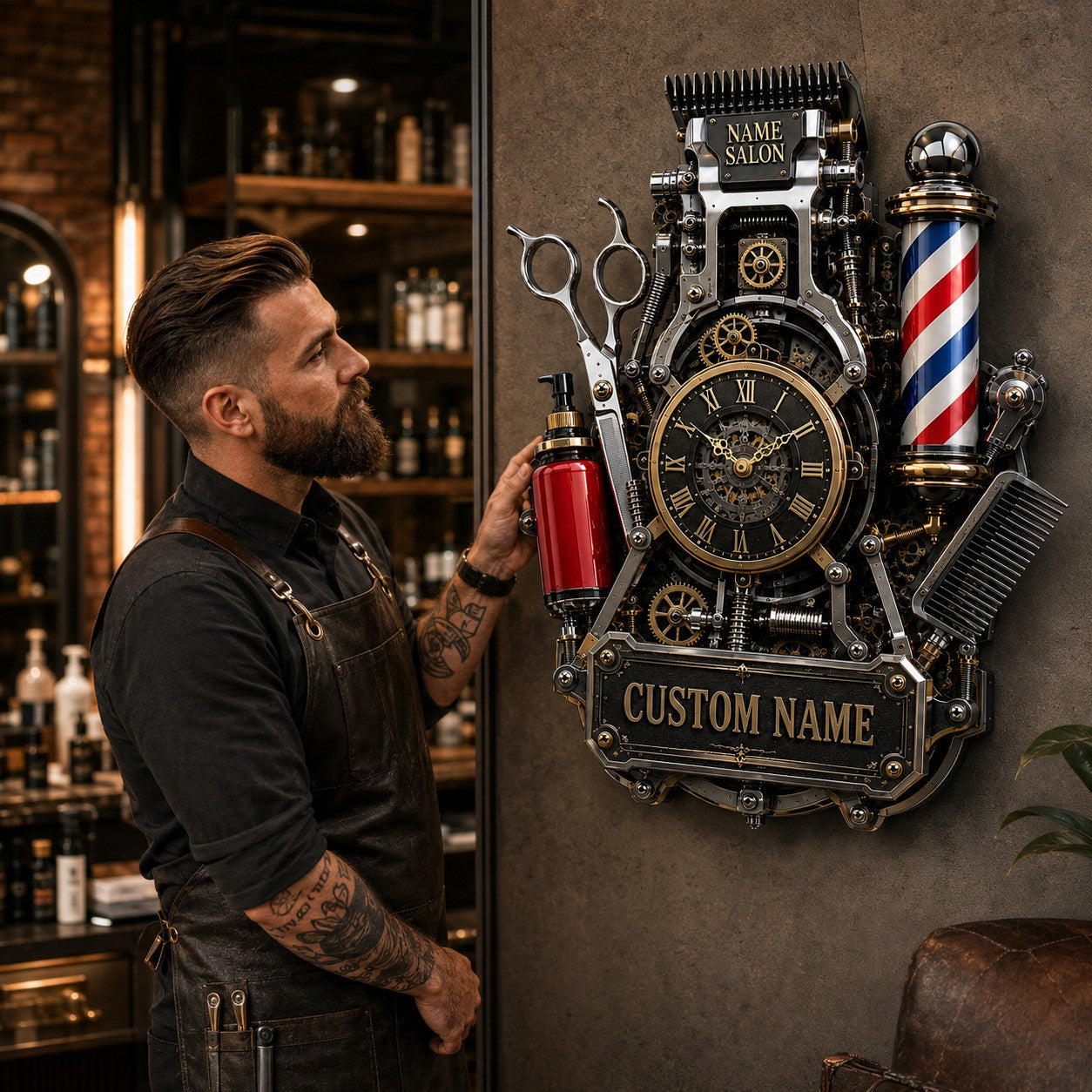 Personalized Barber Studios Wall Clock, Custom Name Gift for Barbers — personalized with a custom name