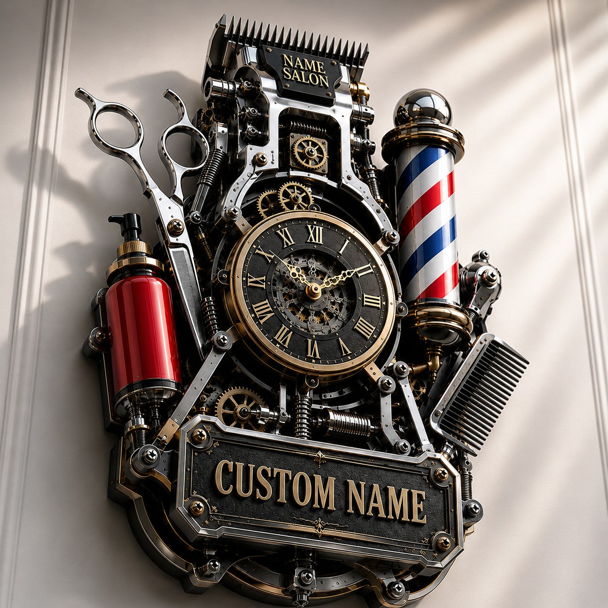Personalized Barber Studios Wall Clock, Custom Name Gift for Barbers — personalized with a custom name