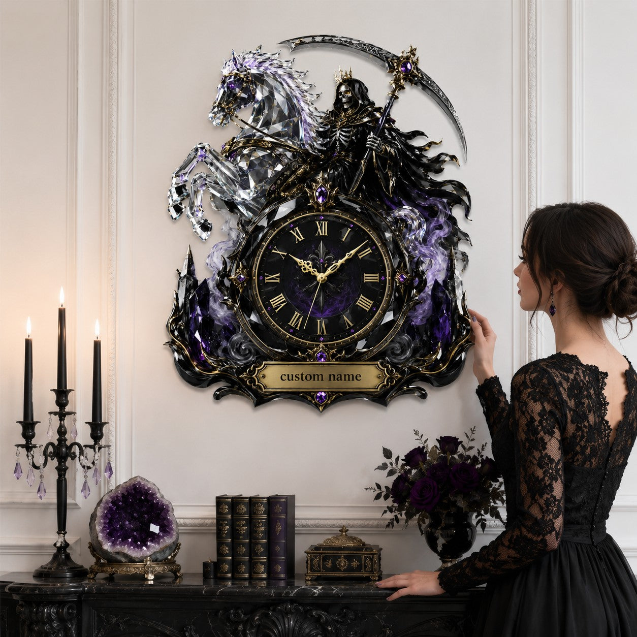 Personalized Grim Reaper Crystal Horse Wall Clock with Custom Name — personalized with a custom name