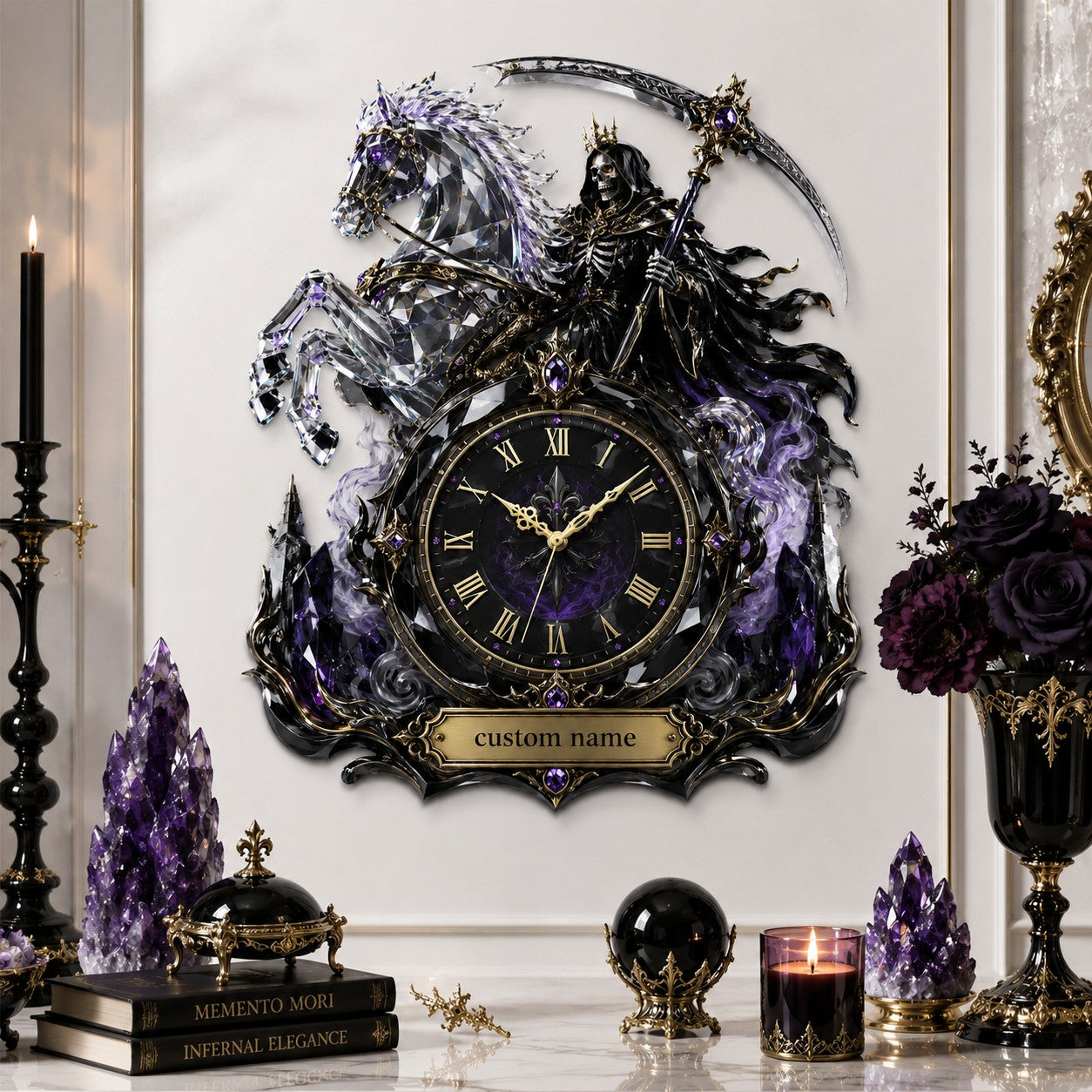 Personalized Grim Reaper Crystal Horse Wall Clock with Custom Name — personalized with a custom name