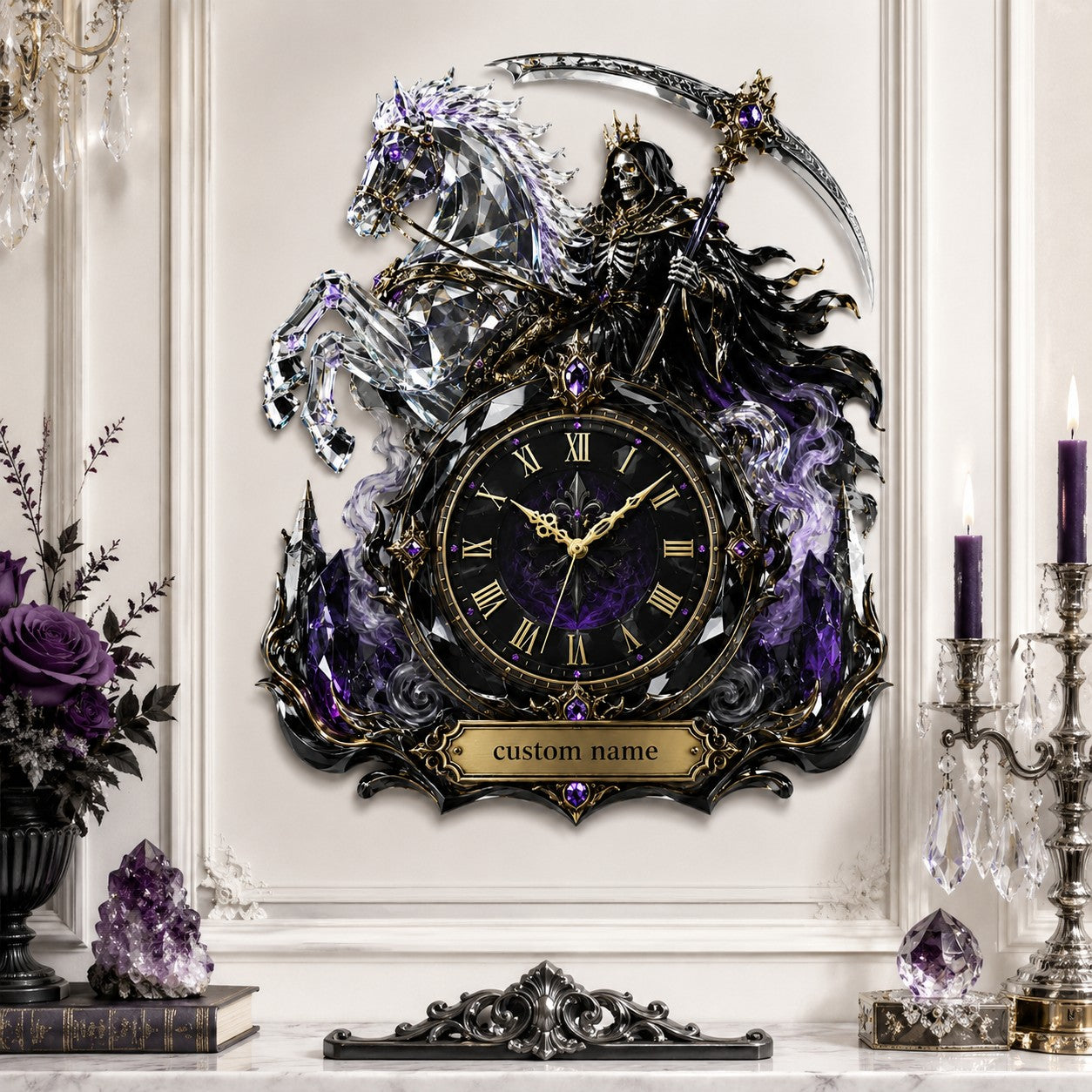Personalized Grim Reaper Crystal Horse Wall Clock with Custom Name — personalized with a custom name