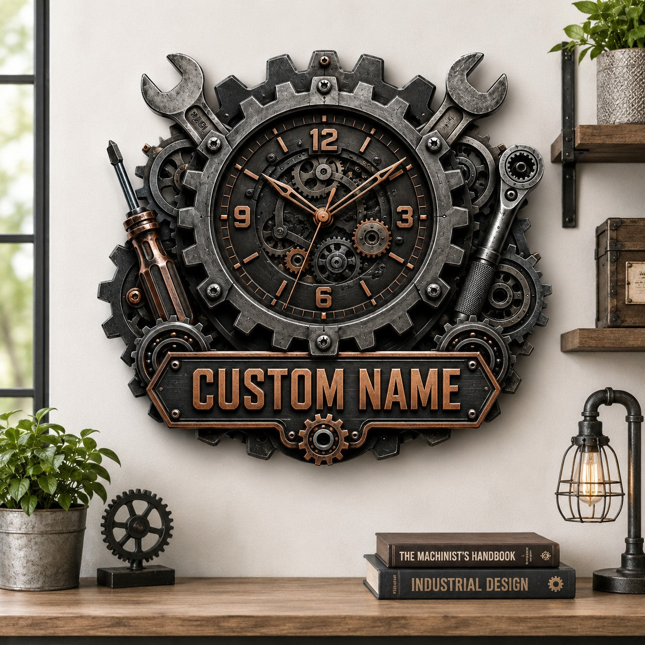 Personalized Industrial Gear Wall Clock with Custom Name — personalized with a custom name