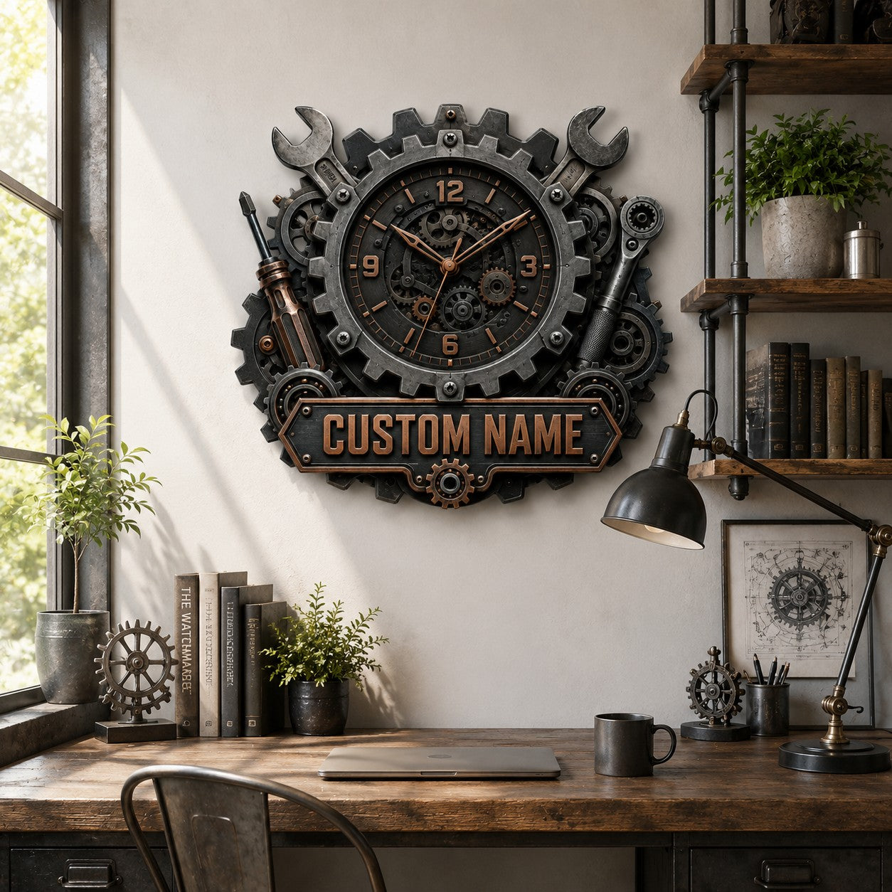 Personalized Industrial Gear Wall Clock with Custom Name — personalized with a custom name