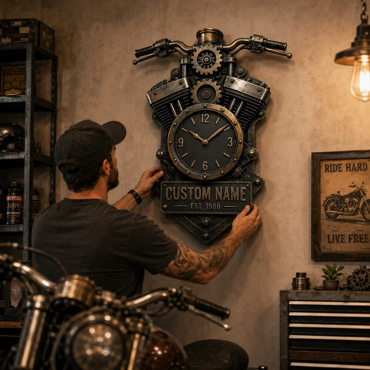 Personalized Motorcycle Engine Wall Clock, Custom Name Gift for Bikers — personalized with a custom name