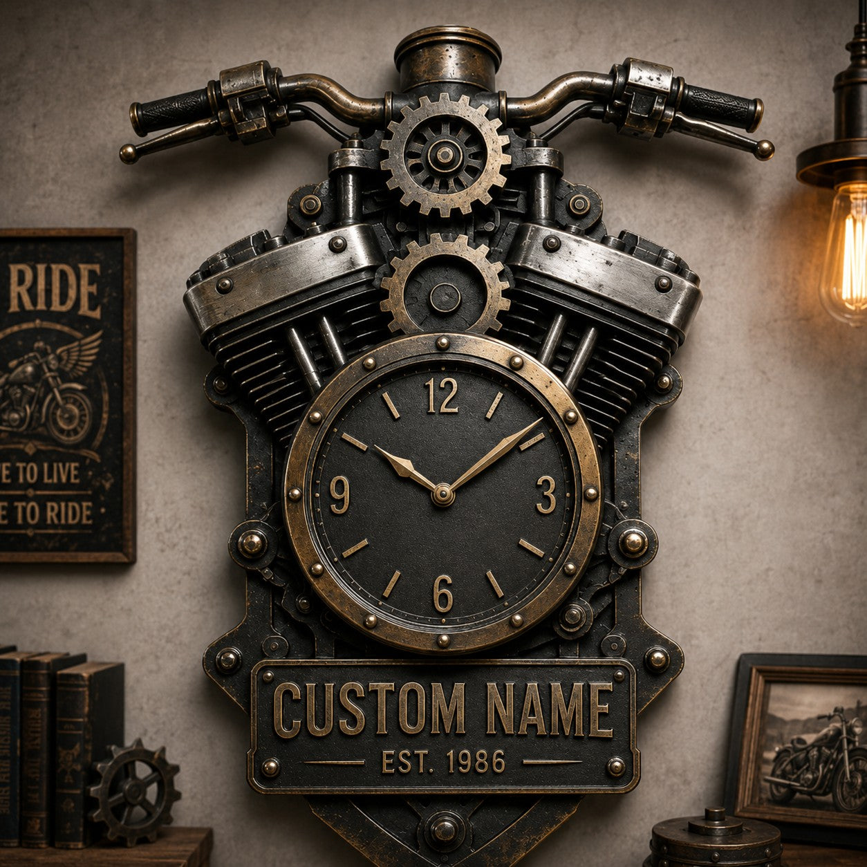 Personalized Motorcycle Engine Wall Clock, Custom Name Gift for Bikers — personalized with a custom name