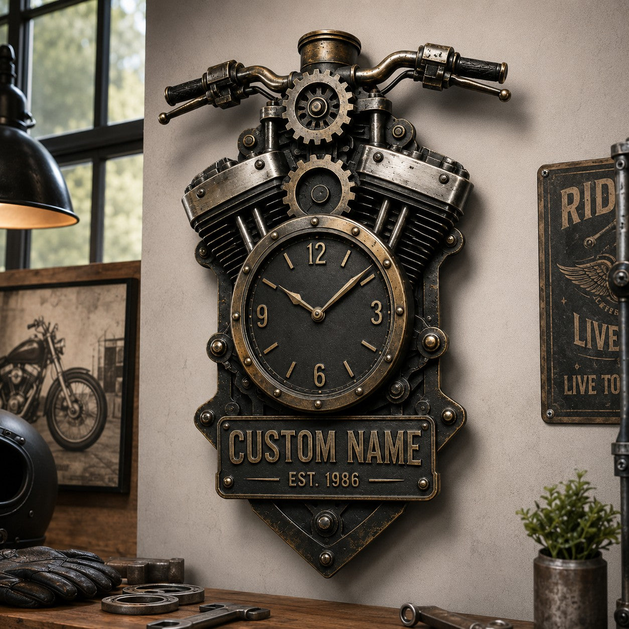 Personalized Motorcycle Engine Wall Clock, Custom Name Gift for Bikers — personalized with a custom name