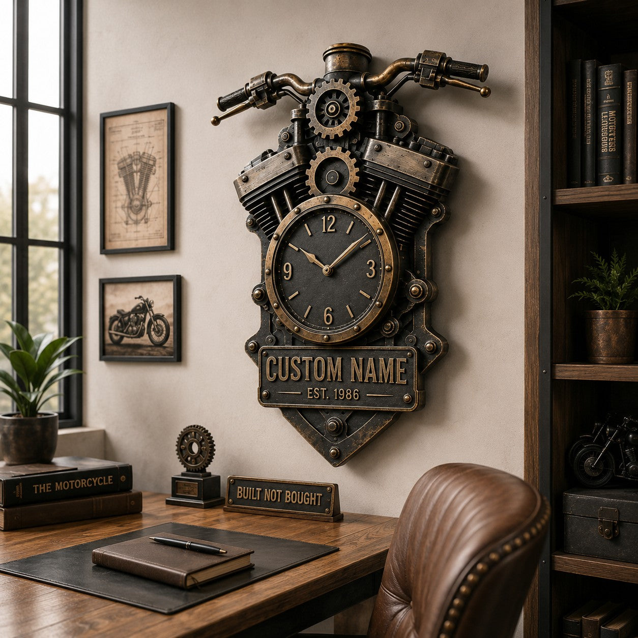 Personalized Motorcycle Engine Wall Clock, Custom Name Gift for Bikers — personalized with a custom name