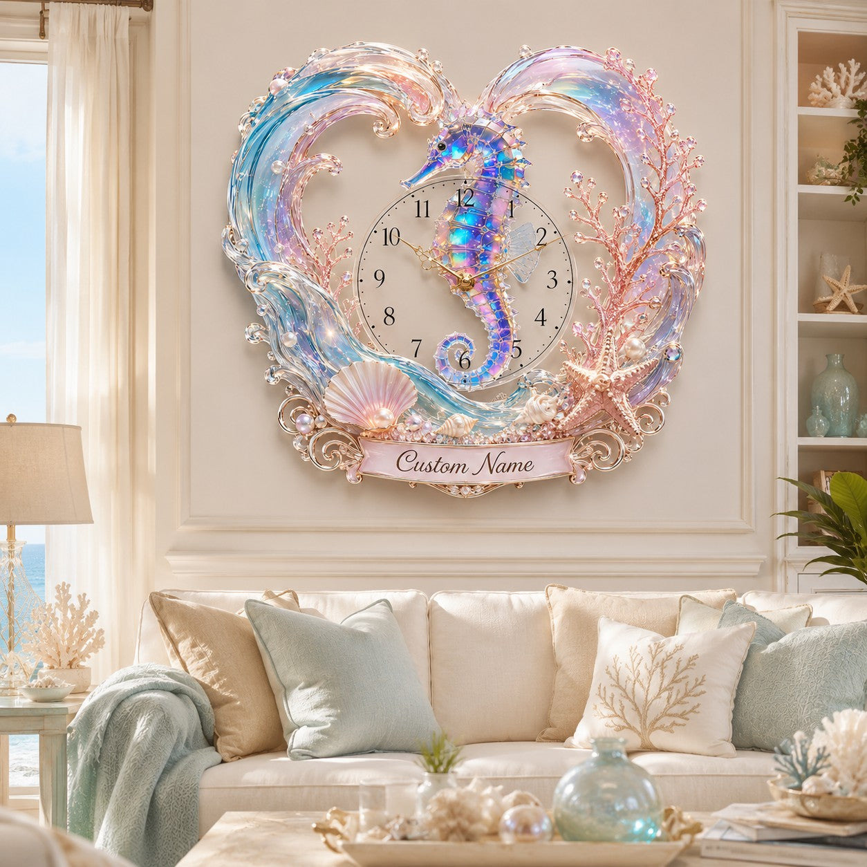 Personalized Seahorse Wall Clock with Custom Name — personalized with a custom name
