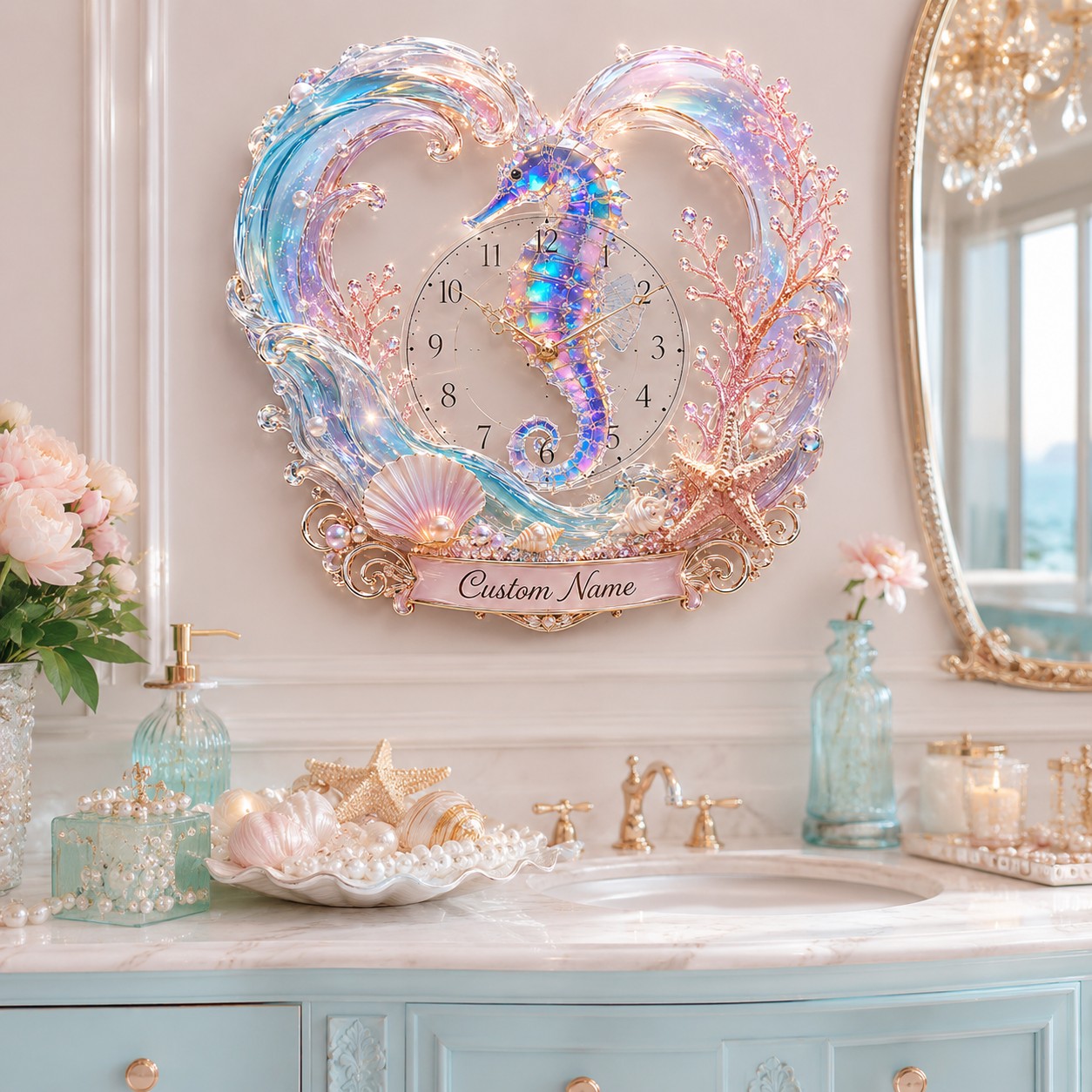 Personalized Seahorse Wall Clock with Custom Name — personalized with a custom name