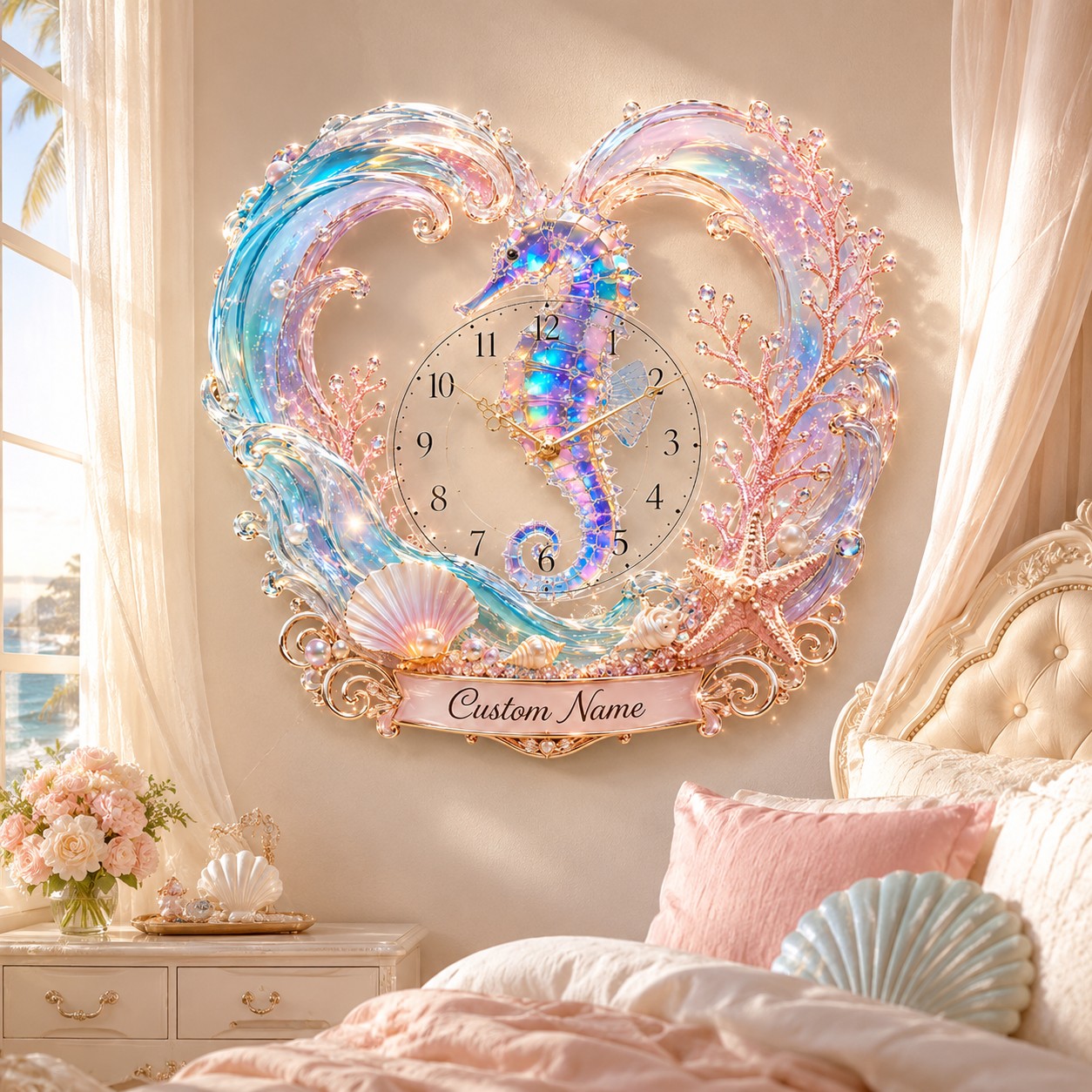 Personalized Seahorse Wall Clock with Custom Name — personalized with a custom name