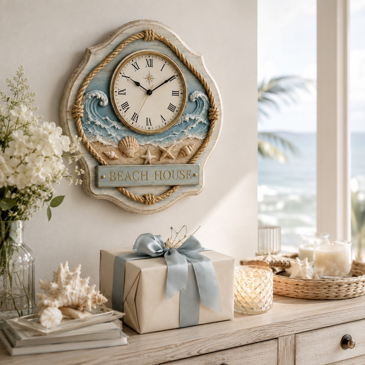 Personalized Beach House Wall Clock, Coastal Decor with Custom Name — personalized with a custom name