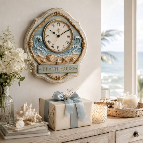 Personalized Beach House Wall Clock, Coastal Decor with Custom Name — personalized with a custom name