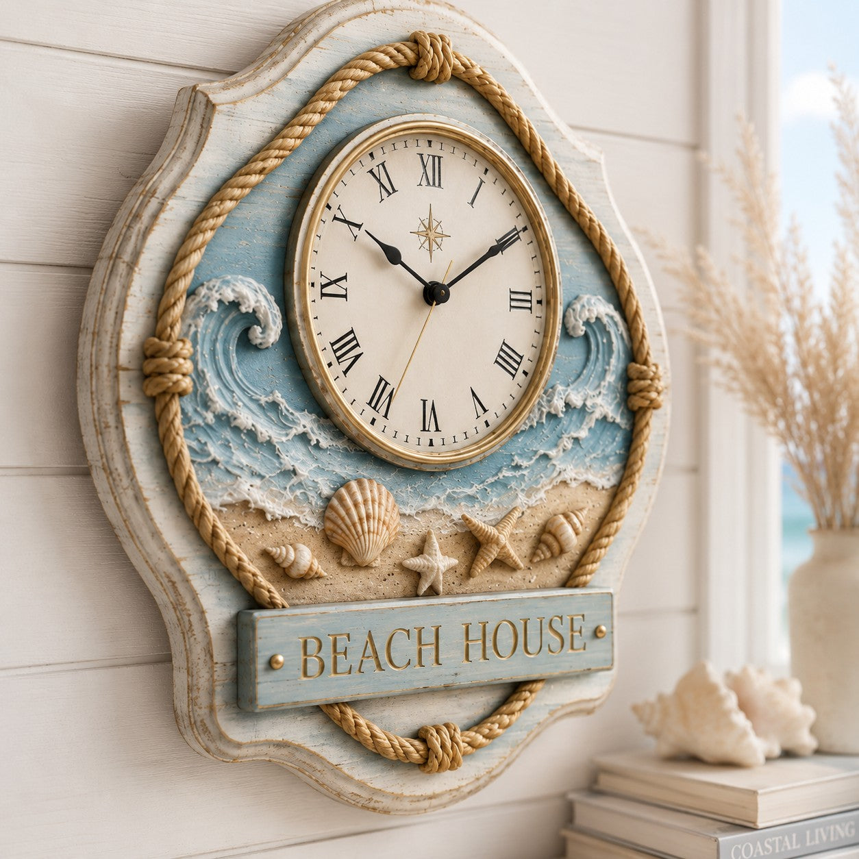 Personalized Beach House Wall Clock, Coastal Decor with Custom Name — personalized with a custom name
