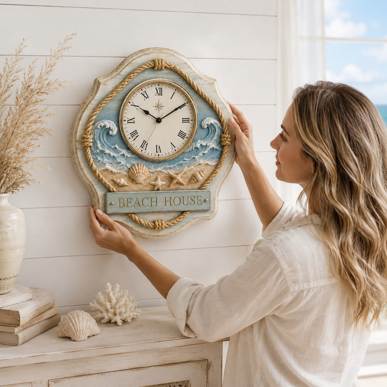 Personalized Beach House Wall Clock, Coastal Decor with Custom Name — personalized with a custom name