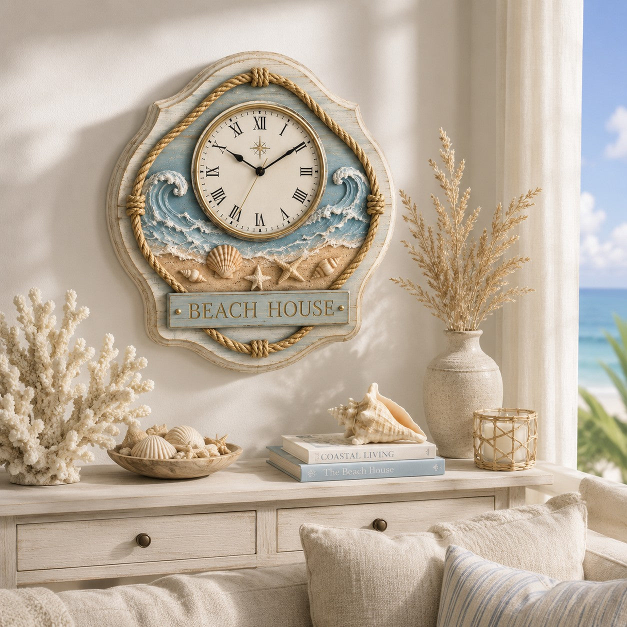 Personalized Beach House Wall Clock, Coastal Decor with Custom Name — personalized with a custom name