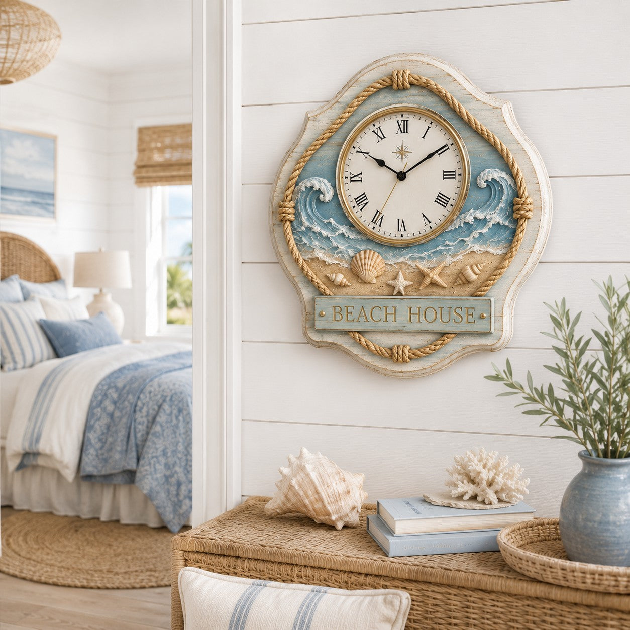 Personalized Beach House Wall Clock, Coastal Decor with Custom Name — personalized with a custom name