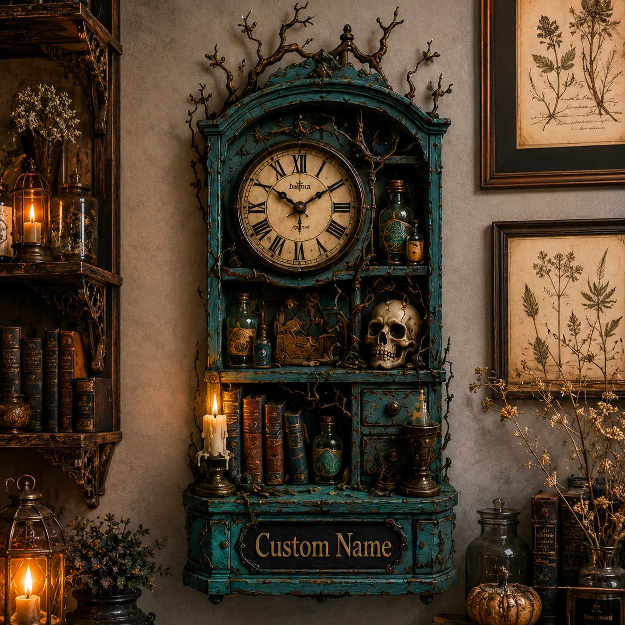 Personalized Gothic Apothecary Wall Clock with Custom Name (Design 2) — personalized with a custom name