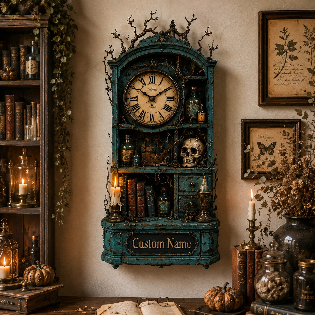 Personalized Gothic Apothecary Wall Clock with Custom Name (Design 2) — personalized with a custom name