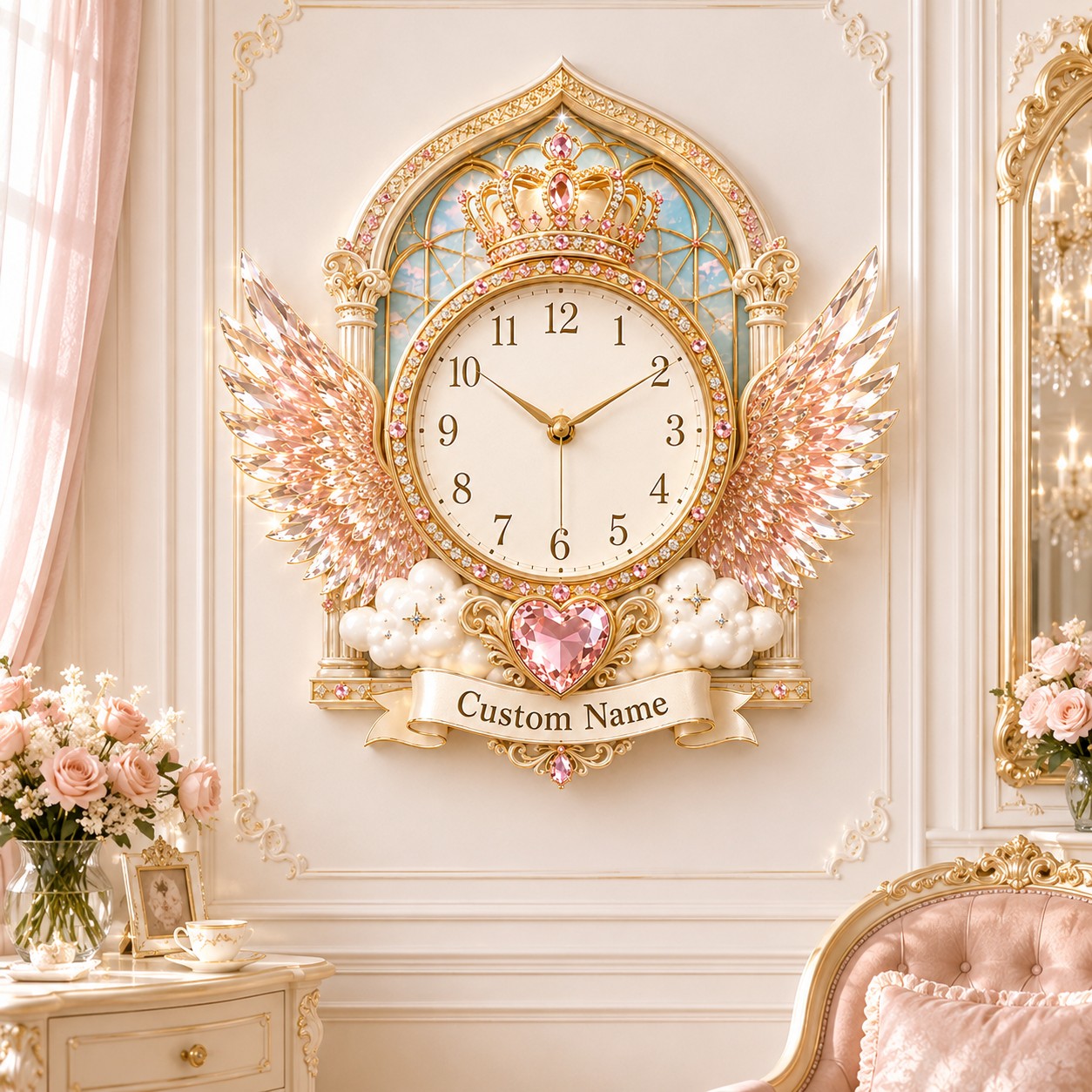 Personalized Angel Wing Wall Clock with Custom Name — personalized with a custom name