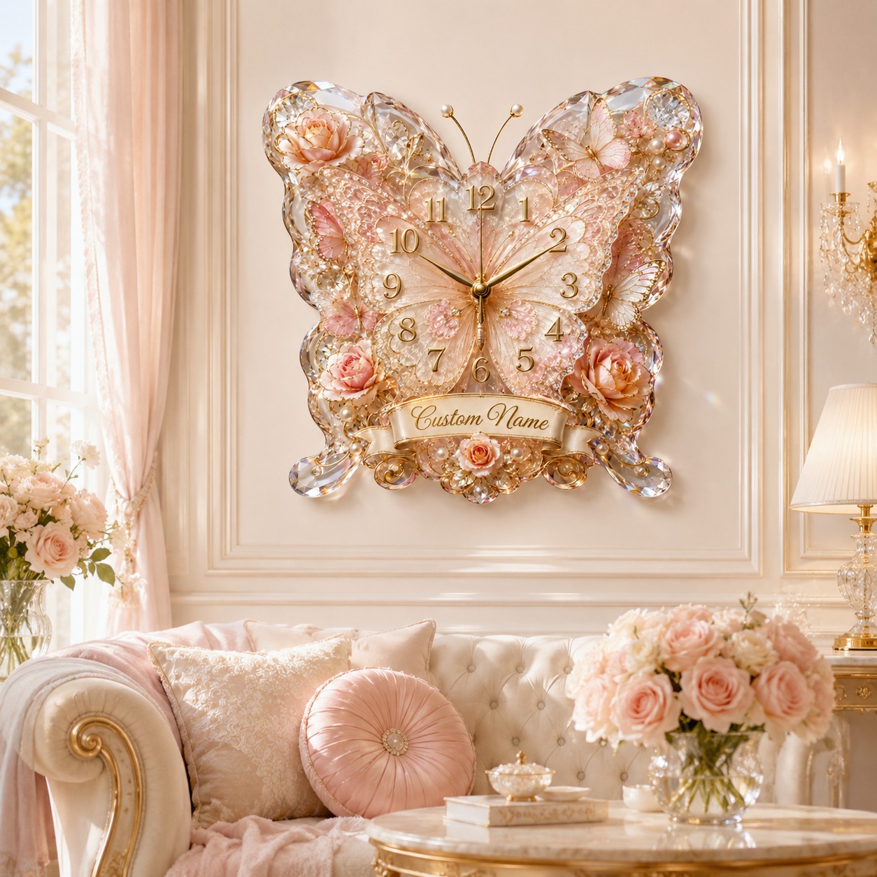Personalized Butterfly Banner Wall Clock with Custom Name — personalized with a custom name